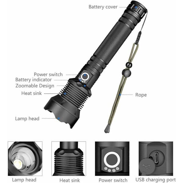LED-taskulamppu, Xhp70 erittäin kirkas säädettävä zoomattava vedenpitävä