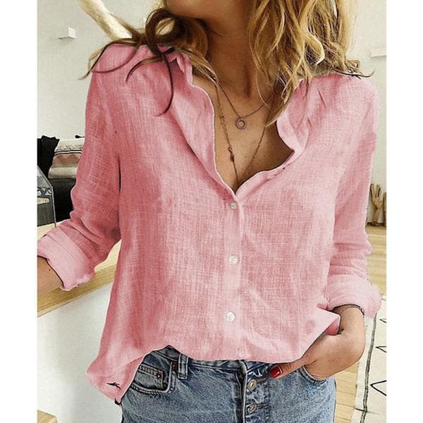 Dame ensfarget skjorte i linblanding med knapper og krage Pink S