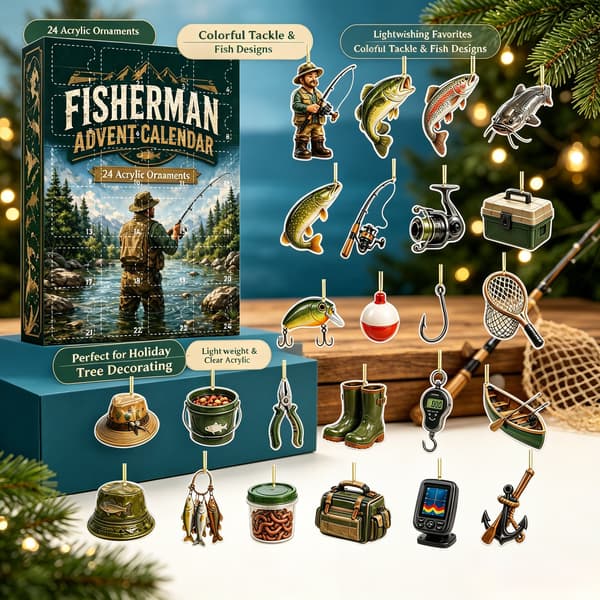 Fiske-adventskalender, 24-dagars julnedräkning med akrylprydnader