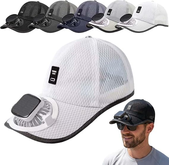 Solar Powered Fan Cap, USB Rechargeable Baseball Cap, 3 Speeds for Women & Men Outdoors White