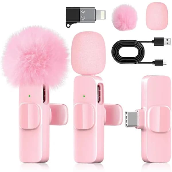 Trådløs Lavalier Mikrofon med Støjreduktion, Plug and Play, Pink til iPhone Android YouTube TikTok