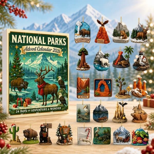 24-dages nationalpark-julekalender, akrylpynt med dyreliv
