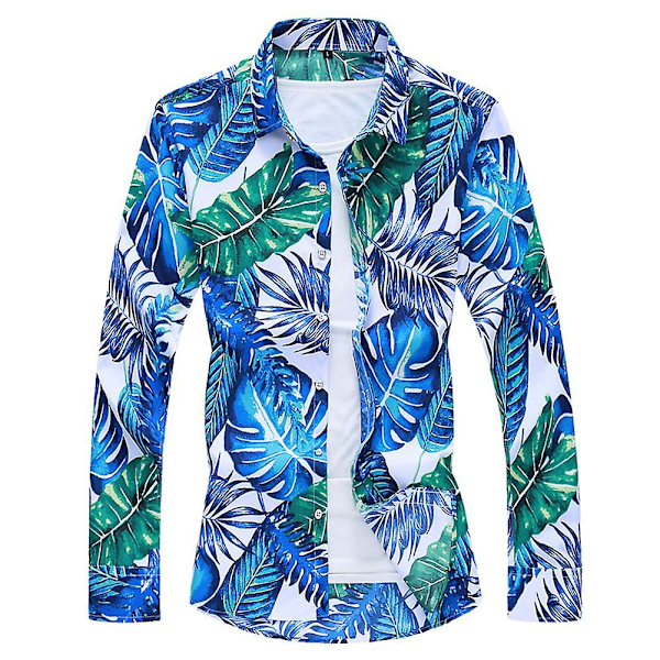 Allthemen Herre Casual Hawaii Strand Blomster Revers Langærmet Skjorte-WELLNGS 2XL