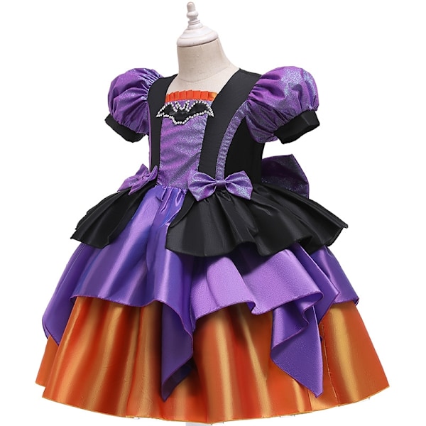 Flickor Fancy Pumpa Halloween Klänning Barn Cosplay Bat Print Häxkostym Semesterfest Klänning Barn Prinsessklänning 7-8 År Gammal (140)-WELLNGS 7-8Y(140) a-3