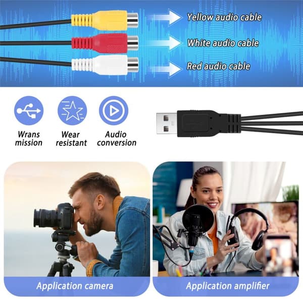 USB til 3RCA-kabel, USB til 3RCA RGB video AV kompositadapterkonverterkabel, egnet til tv'er, computere, DVR'er