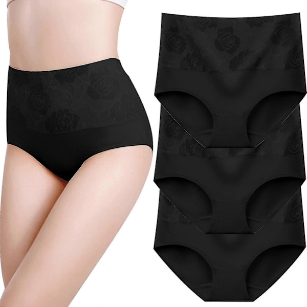 8 st Trosor Bomull Hög Midja Magekontroll Damtrosor Ros Jacquard Damunderkläder-WELLNGS black-3pcs L