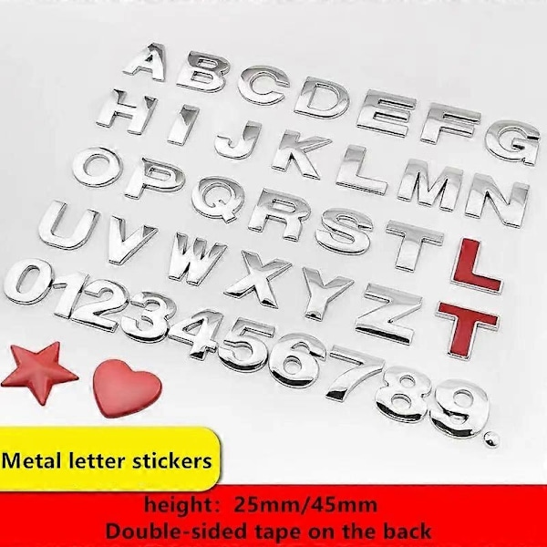 1 stk. 3D Metal 45mm 25mm DIY Bogstaver Alfabet Emblem Tal Krom Mærkning Bilmærkat Digitalt Badge Tilbehør Motorcykel-WELLNGS Silver25MMS S