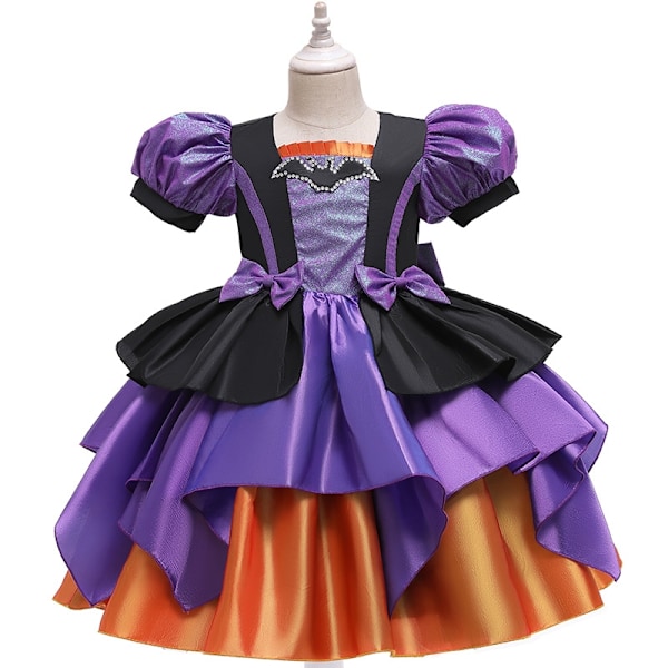 Flickor Fancy Pumpa Halloween Klänning Barn Cosplay Bat Print Häxkostym Semesterfest Klänning Barn Prinsessklänning 5-6 År Gammal (120)-WELLNGS 5-6Y(120) only hat