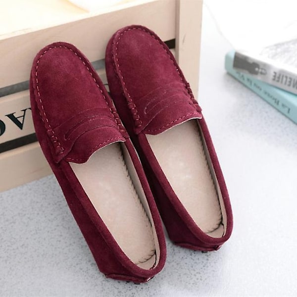 Dame sko 2023 Ægte læder dame flade sko casual loafers slip on dame flade sko mokkasiner dame køresko-WELLNGS Wine Red 8