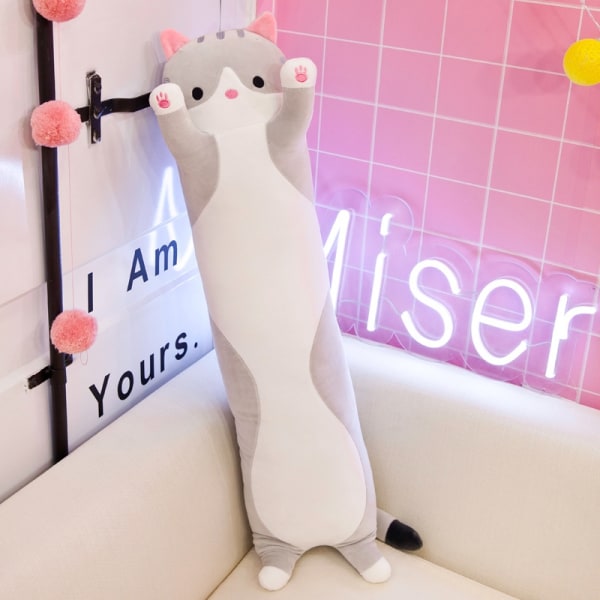 Lång kattkudde, stor plysch, sovande docka, personlig docka, present till födelsedagsflickor (grå)-WELLNGS