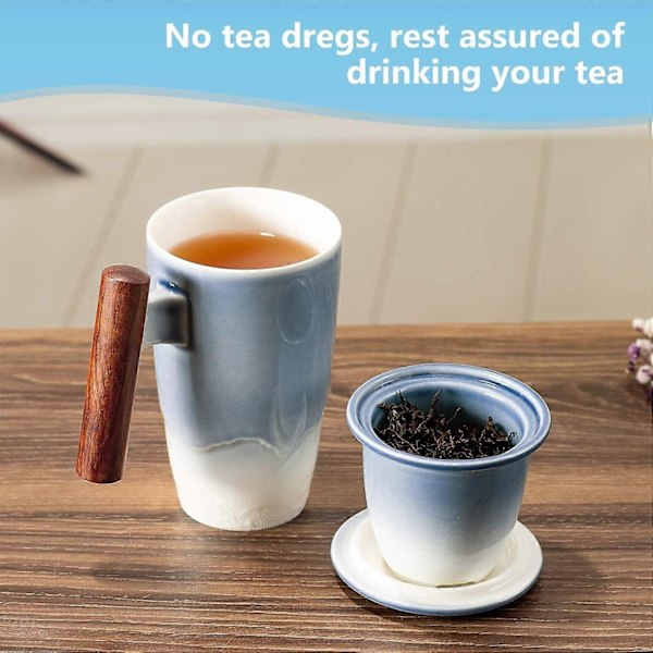 Tekop med låg, porcelænskop med rustfrit stål te-infuser, gradient farve stor keramisk tekop, velegnet til kontor og hjemmebrug - WELLNGS Blue White Gradient
