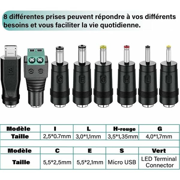 12W universell AC/DC-strömadapter, stöder 3V, 4.5V, 5V, 6V, 7.5V, 9V och 12V spänningar, levereras med 8 valfria adapterpluggar