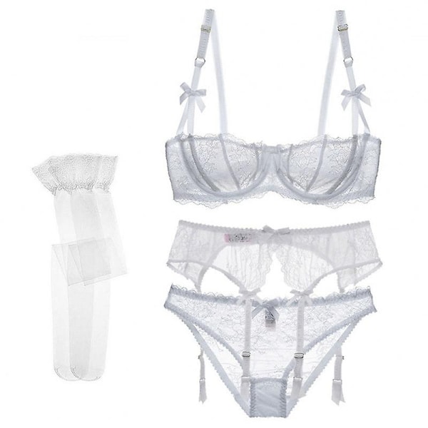 Sensuell Lingeri for Kvinner 4-delt Blondert Strømpebåndssett Bodydoll Lingerisett med Strømpebukse BH og Truser - WELLNGS 75C