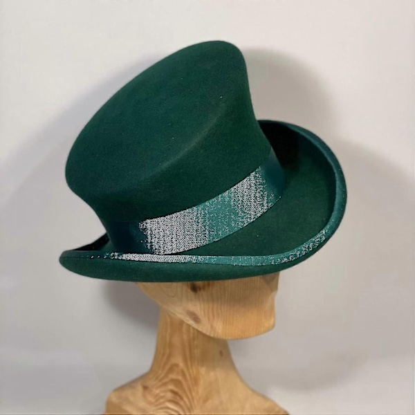Epäsymmetrinen silinterihattu, villahattu, naisten, miesten, unisex-hattu, steampunk-hattu, silinterihattu, muoti, nauhakoristeinen hattu, päänsuoja miehille - WELLNGS Green