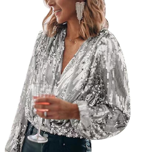 Kvinners Sequin Sparkle V-hals Langærmet Skjorte for Fest - WELLNGS gold XXL