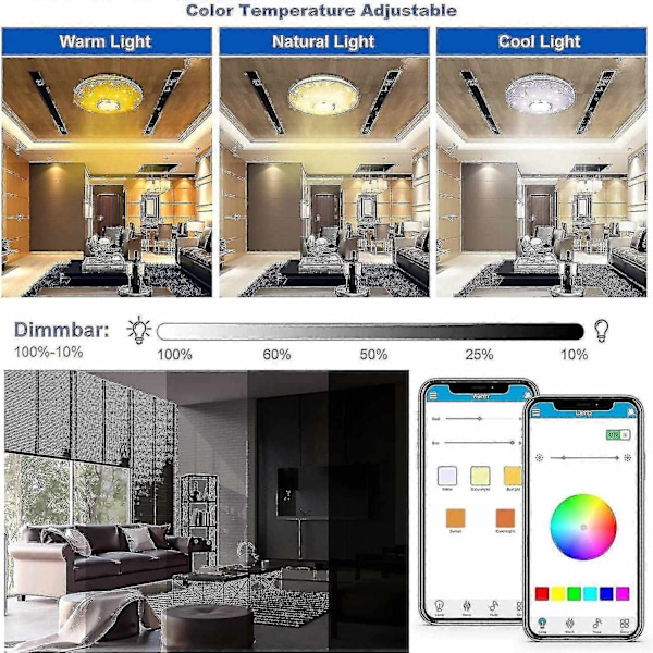 Dæmpbar RGB Farveskiftende LED Loftlampe med Bluetooth Højttaler, LED Lys til Køkken, Børneværelse, Soveværelse, Stue TA-WELLNGS