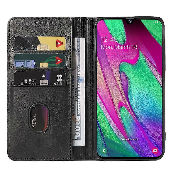 Yhteensopiva Samsung Galaxy A40 Magneettisuljettavan Nahkaisen Puhelinkotelon kanssa - WELLNGS Black