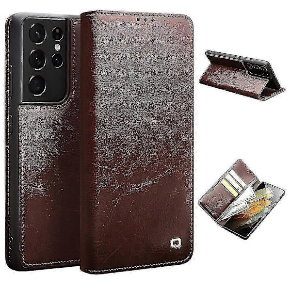 QIALINO Ekte Skinn Telefondeksel Kompatibelt med Samsung Galaxy S21 Ultra 5G Stativ Lommebok Folio Flip Case P20250110223-WELLNGS Brown
