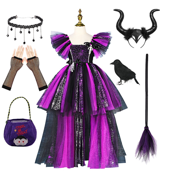 Disney Heks Kostume Piger Lilla Mesh Slæbende Kjole Maleficent Deluxe Piger Fancy Halloween Fest Børns Rollespil Kostume  09-WELLNGS Witch Sets 09 8-9Y