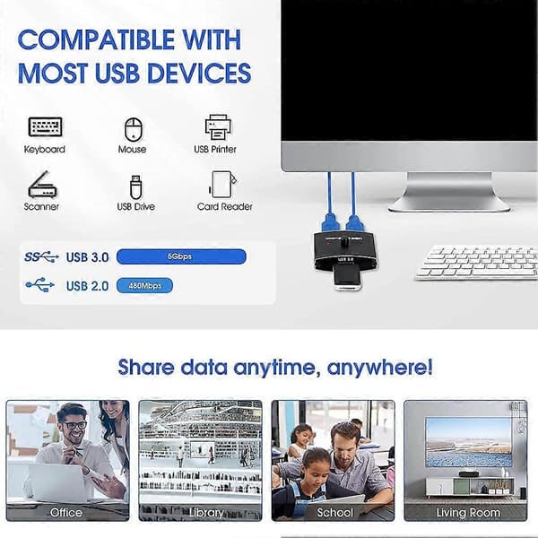 USB 3.0 Switch Selector KVM Switch 5Gbps 2 i 1 Ud USB Switch USB 3.0 Tovejsdeler Kompatibel med Printer Ke-WELLNGS
