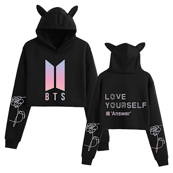 Bts koreansk gruppe perifer casual navel-baring katteører pige trykt sweatshirt-WELLNGS Black A XXS