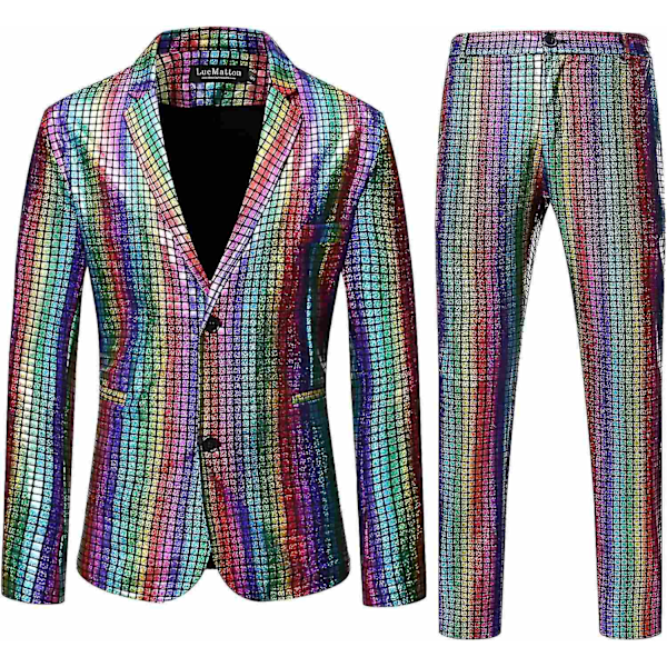 Herrkläder Tvådelad Disco Set Glansig Jacka och Byxor Metalliska Paljettdräkter-WELLNGS Multicolor XL