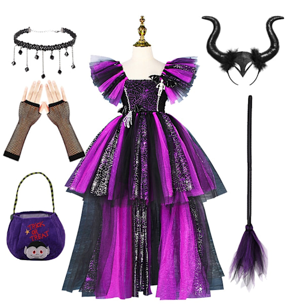 Disney Heks Kostyme Jenter Lilla Mesh Halebånd Kjole Maleficent Deluxe Jenter Fancy Halloween Fest Barnas Rollespill Kostyme  08-WELLNGS Witch Sets 08 2-3Y