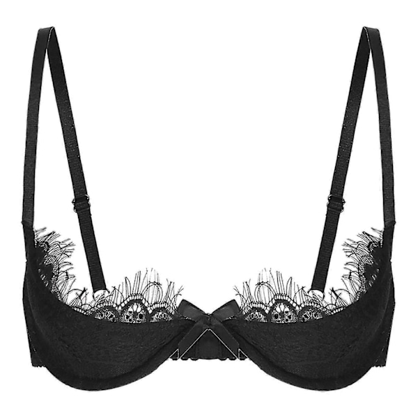 Dam 1/2 Kupa Push Up Bygel Spets BH Underkläder Öppen Kupa BH Toppar Justerbar Rem Svampvadderad Behå Underkläder-WELLNGS Black C XL