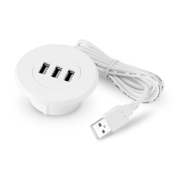 3-ports USB-skrivebordsoplader - Skrivebordsopladningsstation monteres på 2,0\"/50mm gennemhul med adapter og 1,5m strøm - WELLNGS White