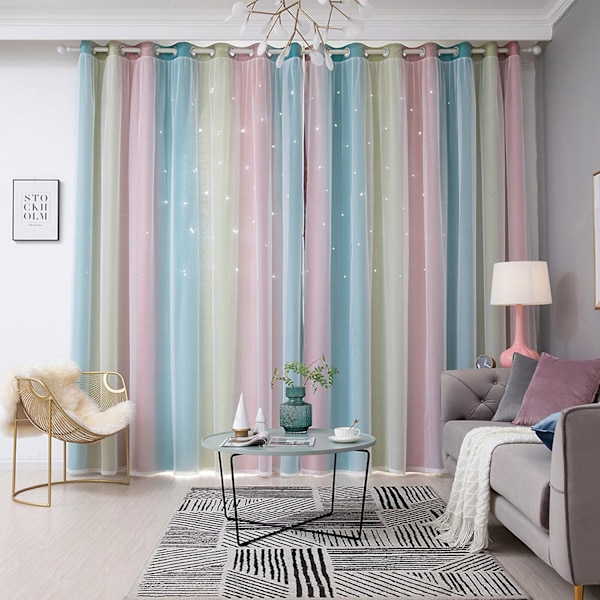 Stjerne Gardiner Stjerner Blackout Gardiner til Børn Piger Soveværelse Stue Farverige Dobbelt Lag Stjerne Vindue Gardiner, 1 Panel (53\"W x 85\"LPink) Pink 134 x 210