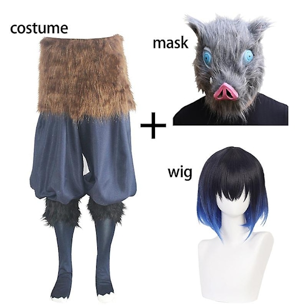 Inosuke Cosplay Demon Slayer Kimetsu No Yaiba Cosplay-asu Anime-asu Yksipuolinen Peruukki Mask Halloween-asu Aikuinen-WELLNGS full set S