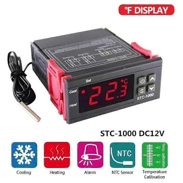 STC-1000 Digital LED Temperaturregulator Värme Kylning Centigrad Termostat 2 Reläer Utgång med NTC Sensor Probe 12v 220V-WELLNGS 12V