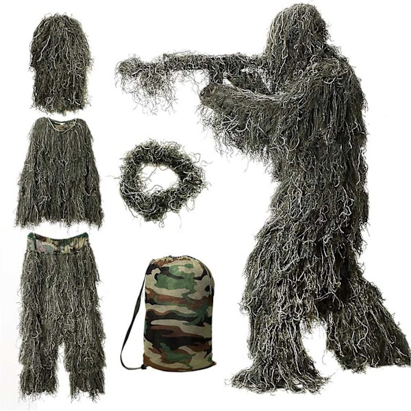 5 i 1 Ghillie-drakt, 3D kamuflasje jaktdrakt inkludert jakke, bukse, hette, bæreveske-WELLNGS GNM