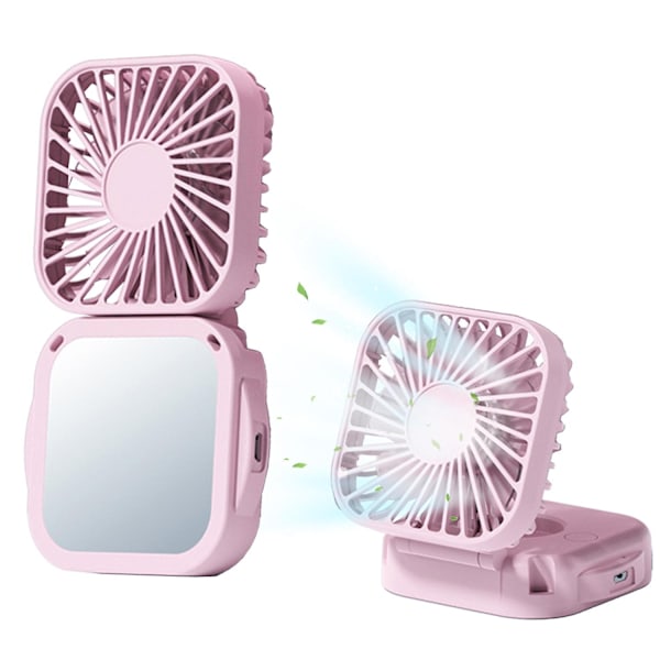 Mini Desktop Fan Makeup Mirror Square Hanging Neck Folding Small Fan Handheld Portable Pocket Usb Charging-WELLNGS Pink