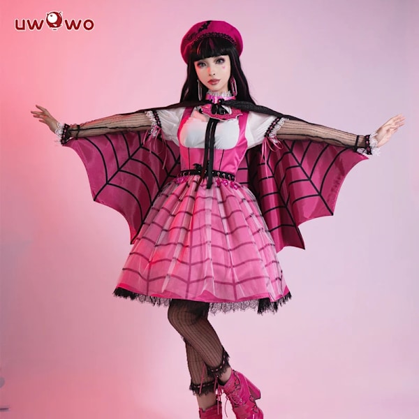 UWOWO Monster High: Draculaura Cosplay-asu Pinkki Puku Vampyyri Naispaholainen Cosplay Halloween-asu S-WELLNGS S Full set(with hat)