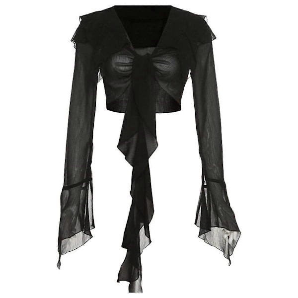Dame Bluse med Sløjfe foran, Lange Trompetærmer, Gennemsigtig Mesh Crop Top, Ensfarvet Langærmet, Sort-WELLNGS M