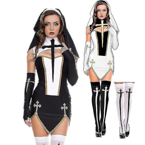 Mike Mike Naisten Seksi Nunna Cosplay-asu Karnevaali Halloween Fantasia Puku - WELLNGS White Stocking M