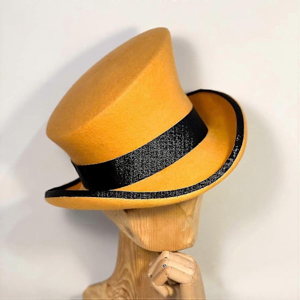 Epäsymmetrinen silinterihattu, villahattu, naisten, miesten, unisex-hattu, steampunk-hattu, silinterihattu, muoti, nauhakoristeinen hattu, päänsuoja miehille - WELLNGS Yellow