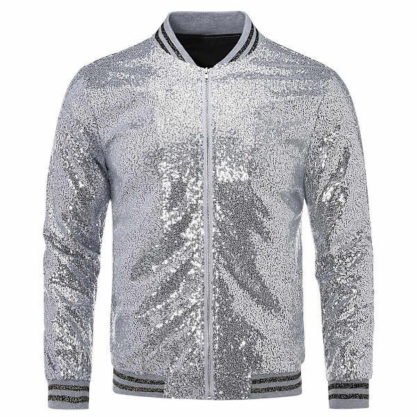 Allthemen Herre Sequin Casual Glidelås Fest Bomber Jakke-WELLNGS Silver L