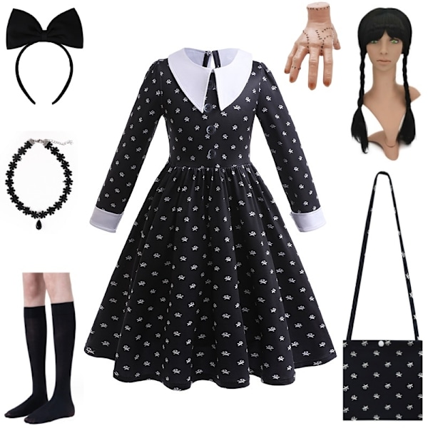 Wednesday Addams Piger 3-12 År Gamle Gotisk Stil Wednesday Rolleleg Kostume Børn Halloween Festkjole 140c-WELLNGS 140cm Addams A4