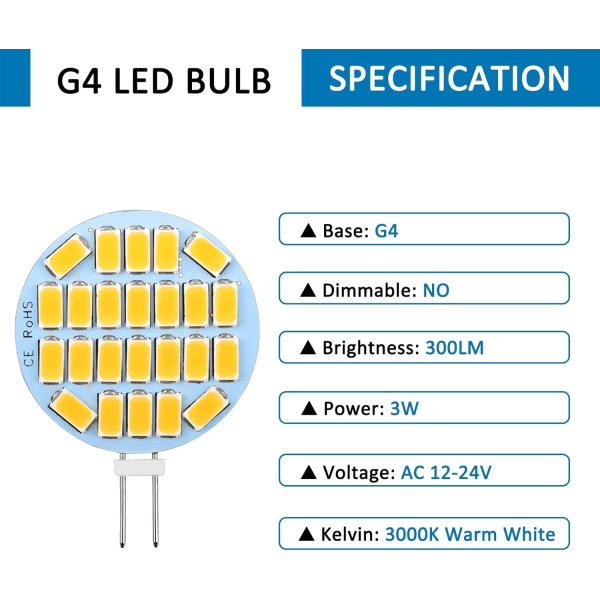 G4 LED 3W, AC12-24V, 300LM Lämmin valkoinen 3000K, 24x5730 SMD 6-pakkaus-WELLNGS