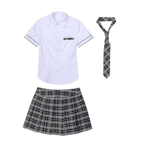 Kvinners skolejenter cosplay kostyme japansk skolejente uniform sexy clubwear skjorte med rutete skjørt slips anime rollespill antrekk-WELLNGS XXXXL White Navy Blue A