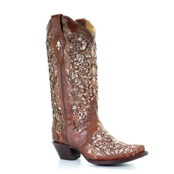 Naisten Teräväkärkiset Glitter-Hääkirjonta-Saappaat Kristalli Naiset Cowboy-Saappaat - WELLNGS BROWN 36