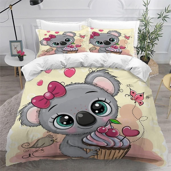 Children's Duvet Cover Koala 3D Printed Girl Bedding Set for 1 Person Cartoon 3 Pieces Comfortable Soft Microfiber with Zipper Bedding and 2 Pillowcas Double200x200cm