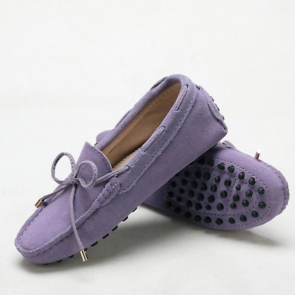 Dame Sko 2023 100% Ekte Lær Dame Flate Sko 13 Farger Casual Loafers Dame Flats Sko Moccasins Dame Kjøresko-WELLNGS Purple 5