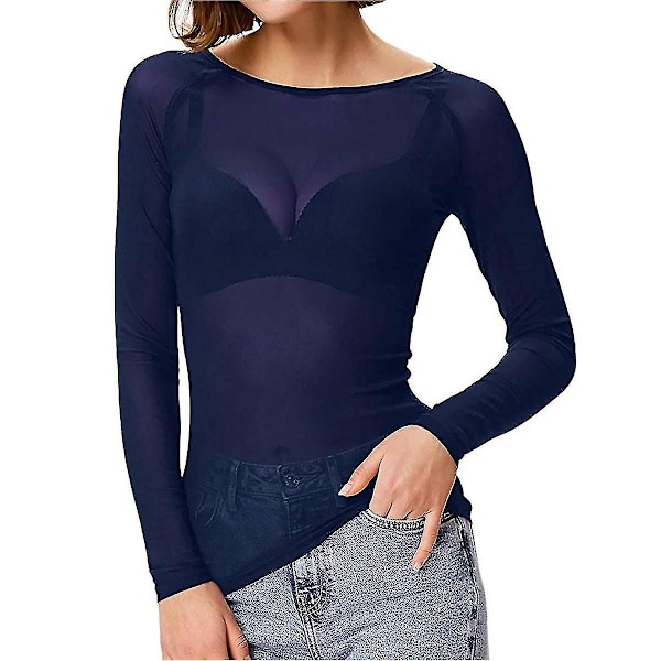 Kvinnor Genomskinlig Långärmad Sömlös Arm Shaper Topp Mesh Skjorta Blus-WELLNGS Blue L