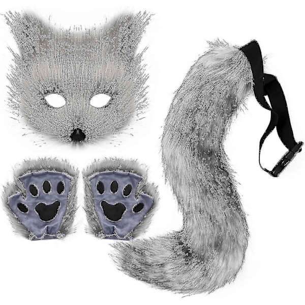 2024 Fuskpäls Rävsvans Katt Varg Cosplay Set Plyschmask Fluffy Paw Handskar Halloween Jul-WELLNESS