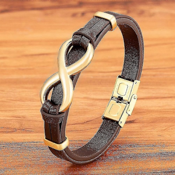 Luksuriøst ekte lær armbånd med uendelighetssymbol for menn - rustfritt stålspenne - WELLNGS Brown with Gold 21cm