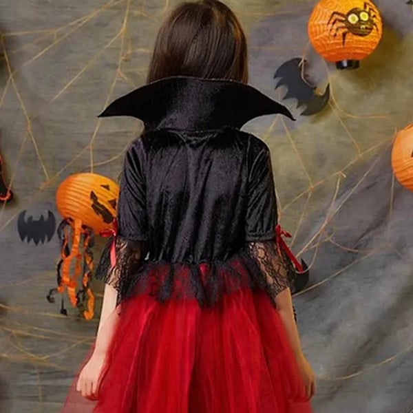 Cosplay Vampyr Halloween Kostym Barn Spöke Brud Gotisk Kostym Greve Vampyr Karneval Kostym Svart Röda Kläder Vampyr Flicka Dräkt-WELLNGS Vampire girl set 160cm