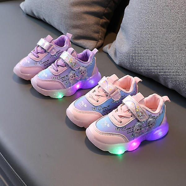 Frosne Elsa Mesh Sneakers Barn Shos Sommer Høst Led Barn Luminous Jenter Lys Baby Sneaker Sportsko Størrelse 22-31-WELLNGS Purple 28